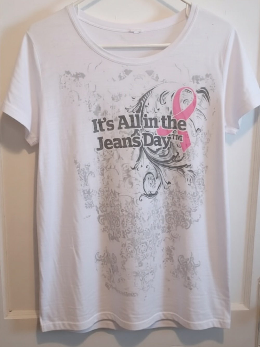 White Graphic Tee with Pink Ribbon